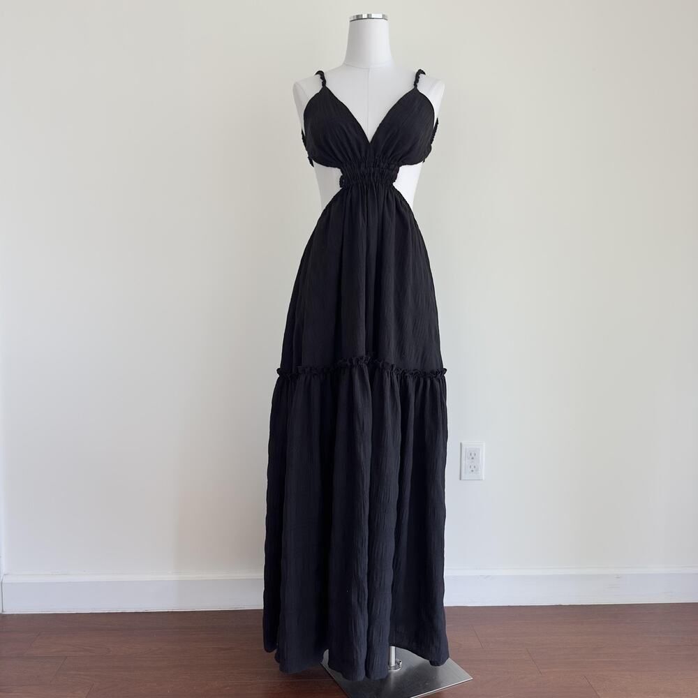 MABLE Maxi Dress Womens Small Black Cut Out Tiered Open Back Boho Strappy Brunch